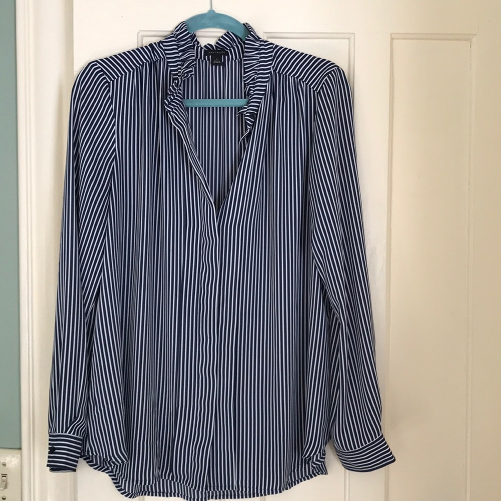 Ann Taylor navy/white stripe button down L